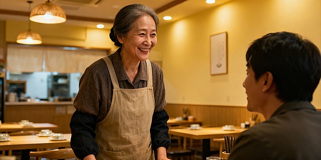 个体经营者，干净整洁的饭店背景，50岁左右亚裔女性老板站立正在与前来就餐的坐着的客户闲聊，镜头对侧脸，图片尺寸2000*1000