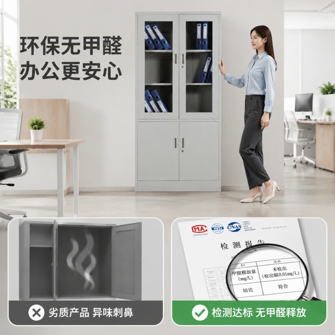 [主图-4] 展示钢制办公柜子环保安全性优势。
[氛围风格] 简约现代专业办公氛围，和整套主图风格光影保持完全一致。
[画质] 商业摄影质感，光线柔和通透，产品清晰真实，画面干净高级。
[元素] 保持预览效果