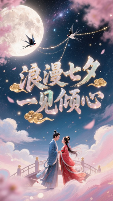 粉色海报设计风格，立体汉字“浪漫七夕 一见倾心”以行云流水的连笔书法呈现浮雕造型，仿和田玉材质透出温润光泽，笔划边缘包裹24K金箔祥云纹路，居中正视图，对称仰视构图，背景是圆圆的月亮映衬着牛郎和织女鹊预览效果