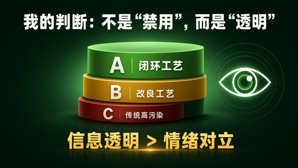 PPT结论方案页，背景暗绿色，中央区域亮度稍高突出聚焦效果。大标题“我的判断：不是‘禁用’，而是‘透明’”。中间三级阶梯图：底层C级传统高污染，尺寸最小暗红色；中层B级改良工艺，中等尺寸暗黄色；顶层A预览效果