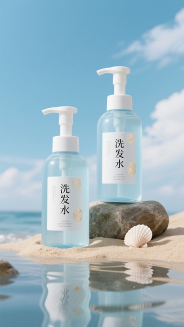 洗发水海报，两瓶浅蓝色透明液体洗发水瓶，带有白色按压泵头和白色标签，标签上有黑色文字“洗发水”和金色装饰，瓶身放置在石头上，石头下方有柔软的沙子，旁边点缀贝壳，整体采用清新的浅蓝色调，柔和的侧光照明，营造出自然、有机、纯净的氛围，背景蓝天白云，画面具有清晰的视觉层次，突出产品主体，光影效果细腻，水面有清晰的倒影，质感写实，设计简约自然预览效果