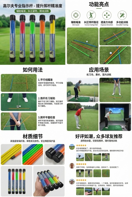 帮我根据该产品生成详情页七屏的内容，产品为高尔夫指示杆预览效果