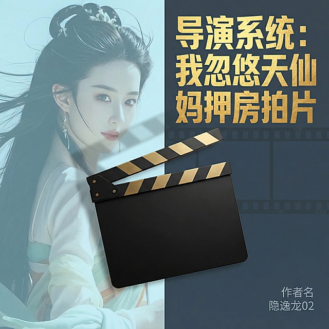 制作都市娱乐小说封面，整体左右二分1:1比例，左半屏用这张美女照片铺满，处理成柔光、偏青蓝色调，低饱和微冷带柔光滤镜，保留肩部，去除手部，让美女眼神朝右；右半屏为纯黑或深灰蓝纯色底；中央有一块横跨左右两半的场记板，微微倾斜，板身是深木色或哑光黑，板上文字完全空白，顶部卡条为黄铜亮色；右半屏上方用粗黑无衬线略带压缩变形的字体竖排或横排烫金色书名“导演系统：我忽悠天仙妈押房拍片”，撑满右半屏宽度，右下角用小字灰白字体标注作者名“隐逸龙02”，右半屏可加极淡电影院刻度线，左半屏人物脸上加极浅场记板投影