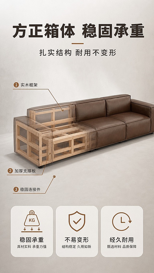 [商品] 使用【图1】深棕色皮质模块沙发；保留方正箱体外观、深棕色皮革、整体比例；做半透明透视效果，展示内部实木框架结构（箱体式方正骨架），外部皮革半透明可见内部结构。
[画面] 目标：展示方正箱体结构与稳固承重。上文下景构图，上1/4文案区，下3/4为沙发透视结构图。沙发正面微侧角度，占画面约60%，左侧半透明展示内部实木方框架构（清晰可见方正箱体龙骨、横向支撑、竖向立柱），右侧保持完整外观。底部配3个小图标示意：承重测试、耐用测试、不变形示意。背景浅灰色渐变，干净专业。
[视觉] 套系策略：风格=意式极简轻奢商业摄影；标题字=现代无衬线粗体（思源黑体Heavy）；正文字=简洁无衬线体（思源黑体Regular）；主色=暖白+浅咖+深棕；背景延展=基于暖白做浅灰渐变、微水泥质感墙面；强调色=焦糖棕，仅用于小面积图标、引线和标签；标题色=深炭棕；正文色=中暖灰；组件=圆角浅底信息卡、细棕线引线、圆形序号标；光影=左前侧暖柔光，明亮通透，阴影柔和。
[文字] 顶部主标题「方正箱体 稳固承重」，副标题「扎实结构 耐用不变形」。结构图旁用引线标注3处：「实木框架」「加厚支撑板」「稳固连接件」。底部3个图标配文字：「稳固承重」「不易变形」「经久耐用」。所有文字横排。
[规格] 图片比例9:16竖版，4K分辨率，淘宝天猫详情页风格，中文文案，避免变形、错字、文字过小、冷蓝背景、结构失真、极限词。