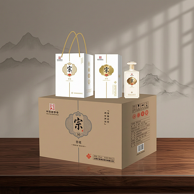 为图中的白酒产品生成高端中式风格背景图，保持产品主体不变，将背景替换为新中式雅致场景，深木色桌面，背景为柔和的暖灰色渐变，带有淡淡的山水纹理和中式窗格光影，营造高端白酒的品质感与文化氛围，产品光影自然协调，商业摄影质感，高清细腻