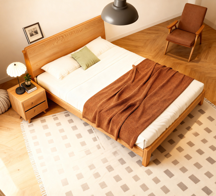 基于原图，将拍摄角度调整为更低的侧面俯视视角，保持原木床材质、北欧卧室风格不变，低角度拍摄预览效果