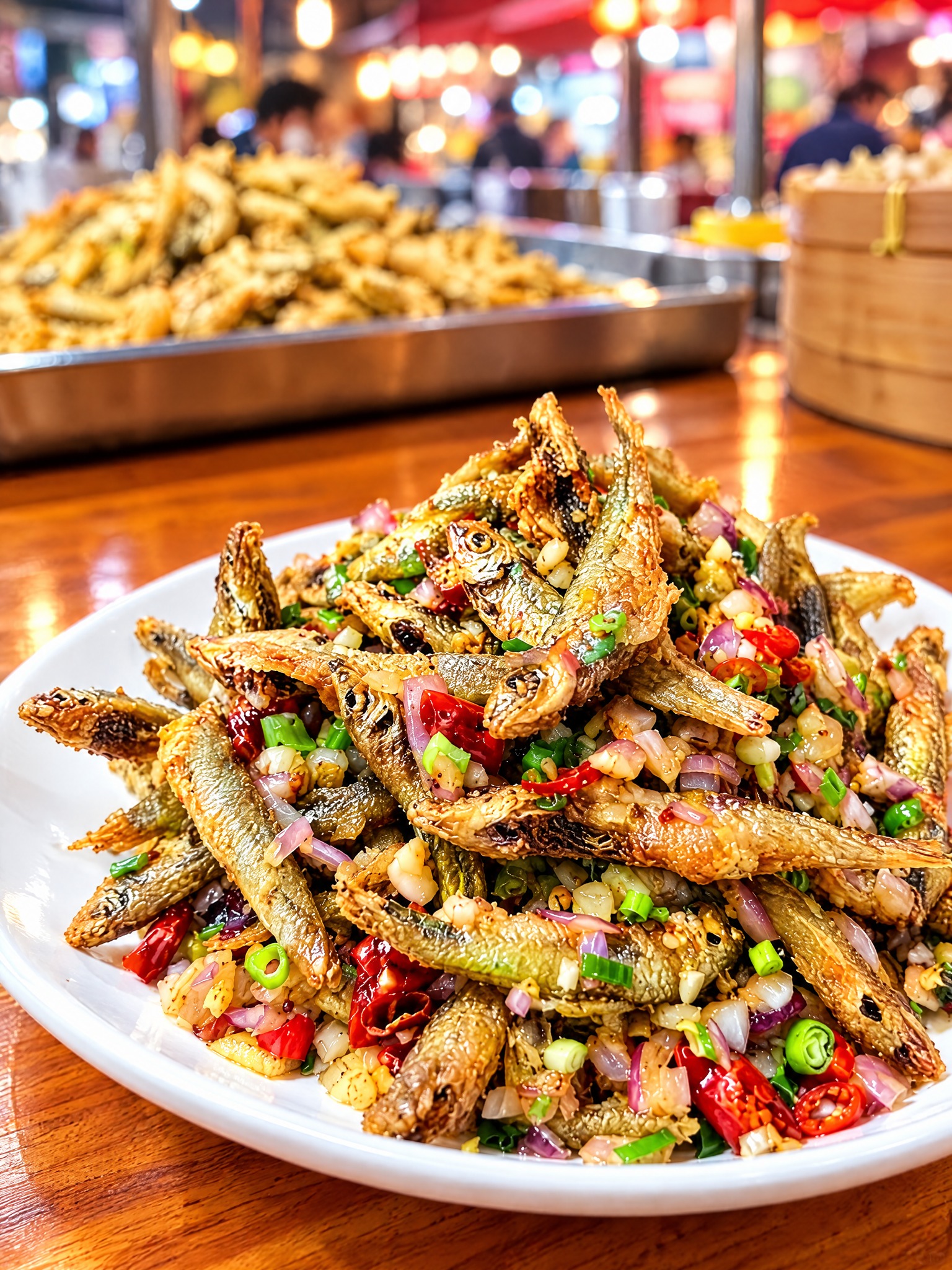 基于参考图中的干炸小河鱼菜品，生成右侧45度斜角角度的美食摄影… - 图片创意预览