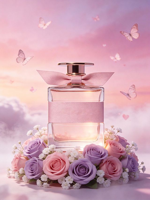 梦幻甜美风商业美妆 3D 渲染风格，画面以柔和渐变的樱花粉为背景主色调，整体色调轻盈浪漫且富有少女感。采用平视正前方的视角，主体置于画面中央的鲜花底座之上，呈完全直立角度，占据视觉核心区域，大小适中。鲜花底座由浅紫玫瑰、粉玫瑰与白色小花组成，背景为带有朦胧云雾的粉色渐变天空，点缀悬浮的蝴蝶元素。采用柔和的全局光结合局部辉光效果，营造出明暗层次丰富的梦幻氛围，主体与浪漫甜美的场景融为一体，充满情人节的甜蜜氛围感与视觉张力。