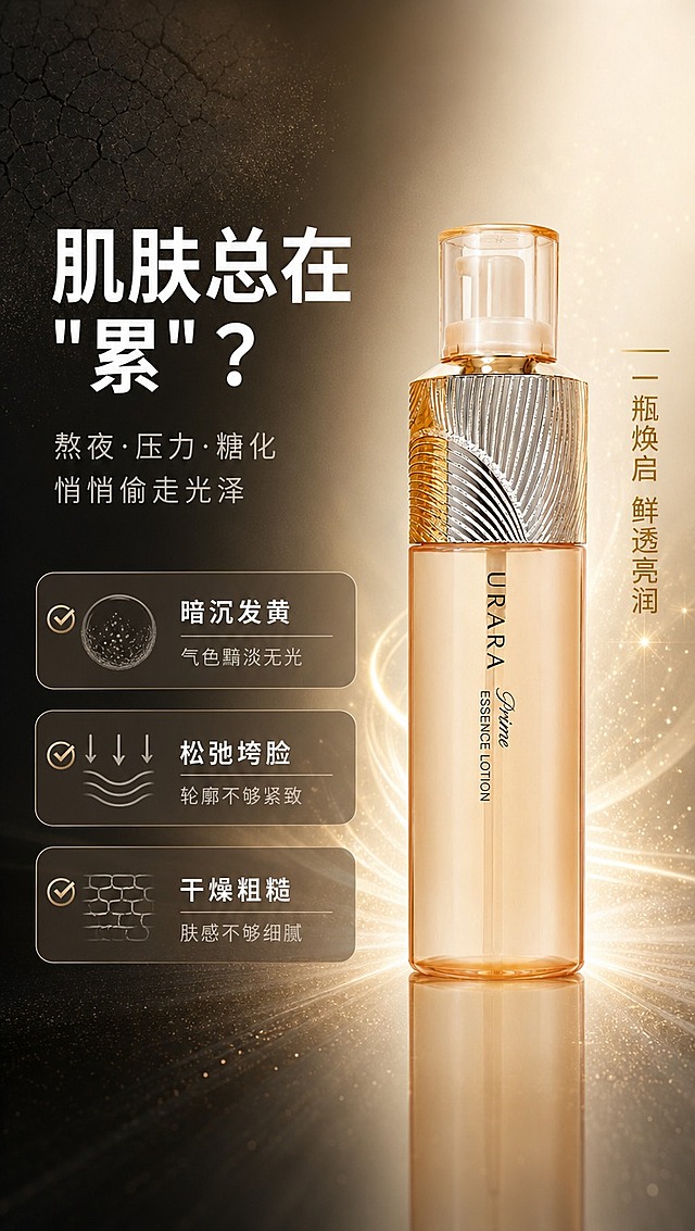 [商品] 使用【图1】URARA悠莱恒采之能精华水；保留透明琥珀色瓶身、金银双色羽翼纹理瓶盖、透明泵头盖、瓶身竖排"URARA Prime ESSENCE LOTION"文字、整体比例和材质质感；产品清晰完整。
[画面] 目标：痛点共鸣页，直击肌肤困扰引出产品价值。构图：左文右物，产品位于右侧占画面约45%，正面展示；左侧上半部分为痛点标题区，下半部分为3条困扰卡片；背景为深灰到香槟金的渐变，左侧偏暗营造情绪，右侧产品区域打亮；点缀暗沉肌肤纹理抽象示意（左上）和焕亮光效过渡（右侧产品周围）。
[视觉] 套系策略：风格=高端轻奢科技感商业摄影；标题字=现代简约无衬线粗体（思源黑体Heavy）；正文字=纤细无衬线体（思源黑体Regular）；主色=金琥珀+暖香槟；背景延展=深炭灰到暖香槟的左右渐变，带细腻颗粒质感；强调色=璀璨金，仅用于高亮词、icon和光效；标题色=米白色（暗区）/深炭黑（亮区）；正文色=浅暖灰（暗区）/中暖灰（亮区）；组件=圆角半透明信息卡、细线分隔、金色勾选icon；光影=右侧主光打亮产品，左侧弱环境光，产品底部有柔和倒影。
[文字] 左上主标题「肌肤总在"累"？」（白色大字），副标题「熬夜·压力·糖化 悄悄偷走光泽」（浅灰中字）；下方3条困扰卡片横排，分别写「暗沉发黄」「松弛垮脸」「干燥粗糙」，每条配灰色困扰icon；右侧产品旁金色小字标注「一瓶焕启 鲜透亮润」；文字全部横排，不遮挡产品主体。
[规格] 图片比例9:16竖版，4K分辨率，负向提示：避免变形、错字、文字过小、冷蓝背景、产品颜色改变、医疗术语、绝对化用语、真人脸部。