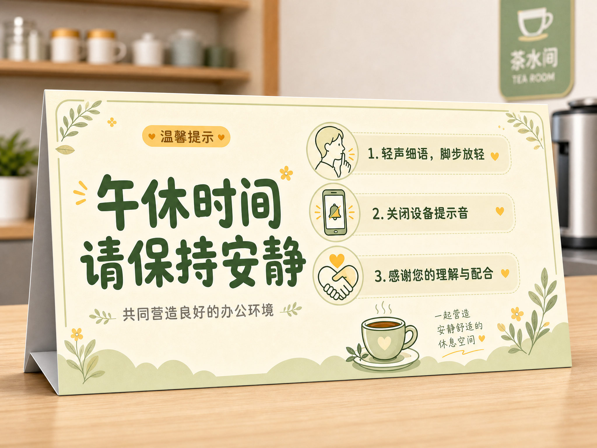 将这张V型桌面提示牌改为横版4:3比例，保持原有的温馨扁平插画… - 图片创意预览