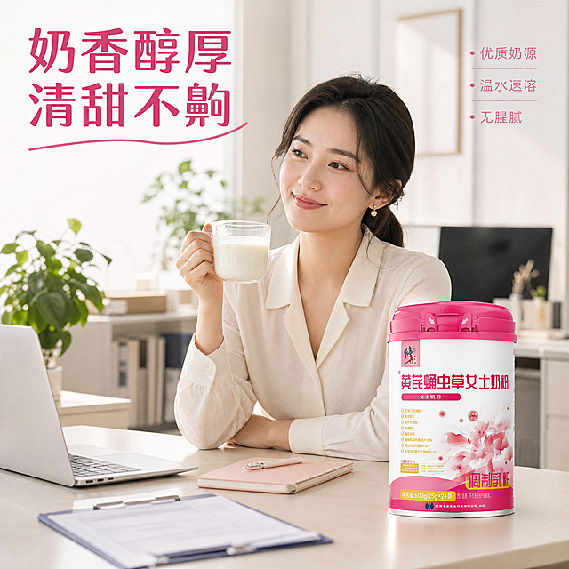 [主图-4] 口感与奶源优势场景图。氛围风格为舒适生活场景风，商业摄影质感，通透自然，生活氛围感强。一位年轻职场女性在办公室桌面，手拿着冲好的黄芪蛹虫草奶粉杯，背景搭配笔记本电脑和绿植，奶粉罐放置在桌面一角。保持奶粉罐外观与原图一致，人物姿态自然，场景真实。主体产品占比约60%。办公室柔和自然光，氛围舒适温馨，光影自然。浅色系办公场景，搭配产品粉色，色调干净温暖。Vlog生活化视角，景深适中，人物和产品都清晰呈现。画面左上角写「奶香醇厚 清甜不齁」粉色大字，右侧小字标注「优质奶源 温水速溶 无腥腻」，文字放置在空白区域，不遮挡人物和产品主体。1:1 比例，4k 分辨率，文字清晰可辨，超高清。负向提示词：变形，水印，文字错乱，产品模糊，背景杂乱
