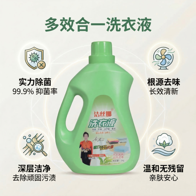 请将这张功能展示图中的所有英文字案全部修改为对应的中文字，不改变图片的构图、光影和产品位置，只替换文字内容。四个核心卖点改为：实力除菌、根源去味、深层洁净、温和无残留，主标题改为"多效合一洗衣液"，所预览效果