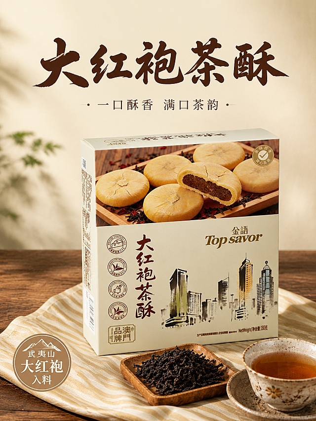 使用商品详情页技能根据商品图「图片1」「图片1」「图片1」「图片1」「图片1」「图片1」「图片1」「图片1」生成详情页，参考图为，商品名称为180g_大红袍茶酥，卖点为 180g_大红袍茶酥 🍃一口酥香，满口茶韵 「大红袍茶酥」上新啦！茶香来自大红袍原叶研磨，甜度克制，吃完不腻， 武夷山大红袍（≥5%）入料，添加黄油（≥5%），外皮酥到掉渣，内馅茶香，香甜不腻。，适配平台为淘宝/天猫，图片比例为3:4，需求屏数为4张，