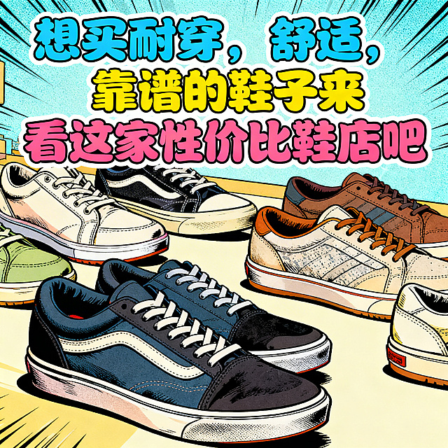 漫画风格，画面展示多款舒适耐穿的鞋子，搭配文字"想买耐穿，舒适，靠谱的鞋子来看看这家性价比鞋店吧"，整体活泼有吸引力