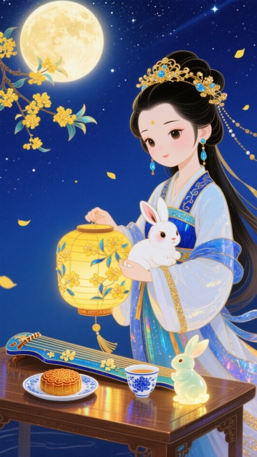 Q版古风女子着蓝白汉服，饰金玉发饰与蓝玉耳坠，长发飘，怀白兔、持暖黄花纹花灯。下有木桌，置古筝、桂花月饼瓷盘、蓝白茶杯及发光玉兔摆件。深蓝星空悬带光晕满月，桂枝黄花飘落，深蓝暖黄调，酿中秋温馨浪漫。预览效果