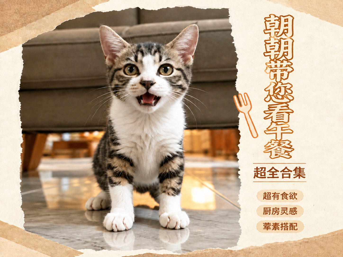 将图片右侧的竖排主文字"下饭家常菜"替换为"朝朝带您看午餐"，… - 图片创意预览