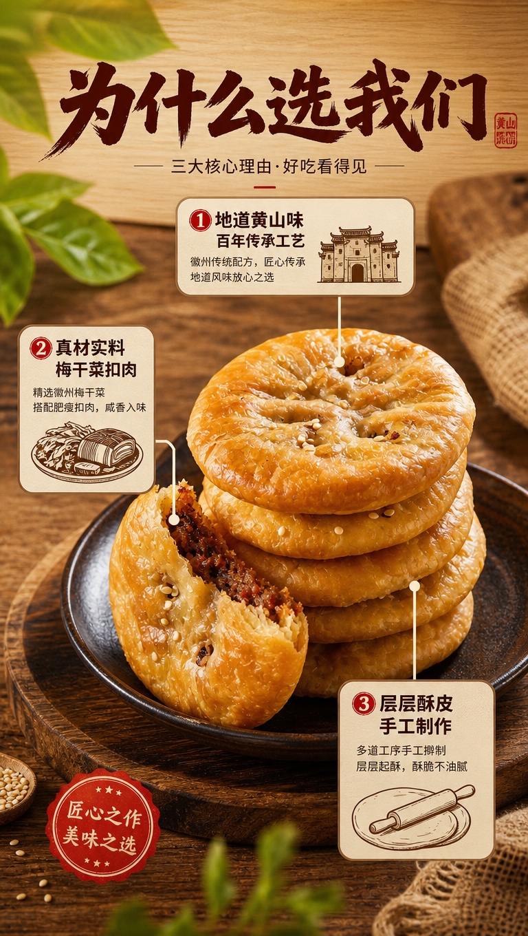 [商品] 使用【图5】黄山烧饼；保留烧饼金黄酥皮、芝麻点缀、掰… - 图片创意预览