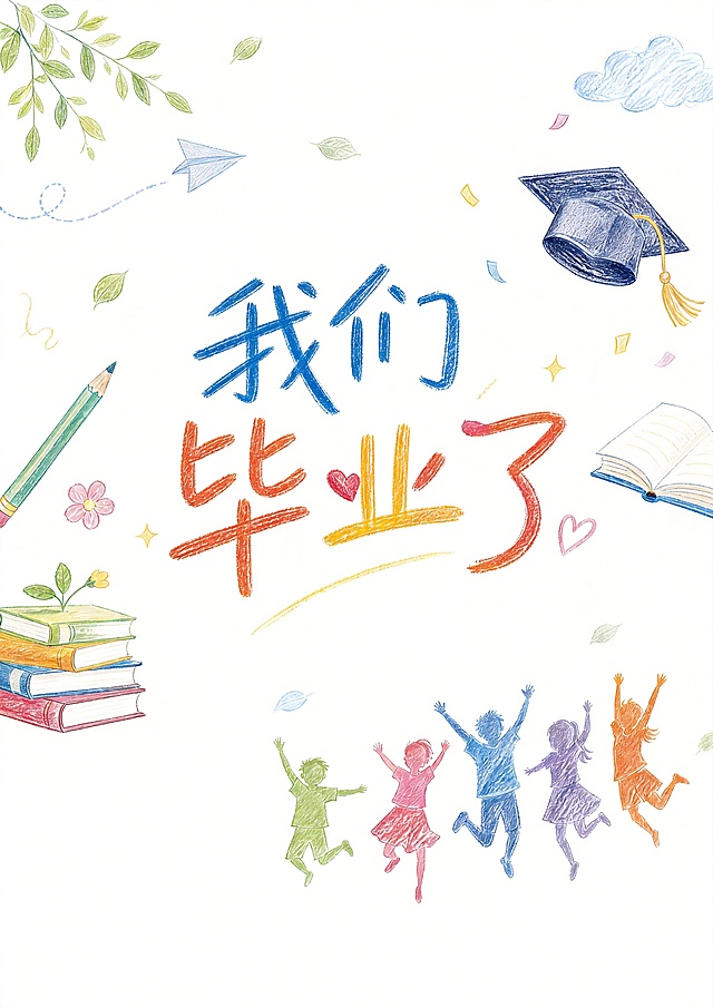 六年级毕业成长纪念册封面，马克笔手绘风格，纯白色背景，保留文字“我们毕业了”、毕业帽、书本、跳跃少年、树枝树叶，移除教学楼，简约干净手绘，马克笔风格