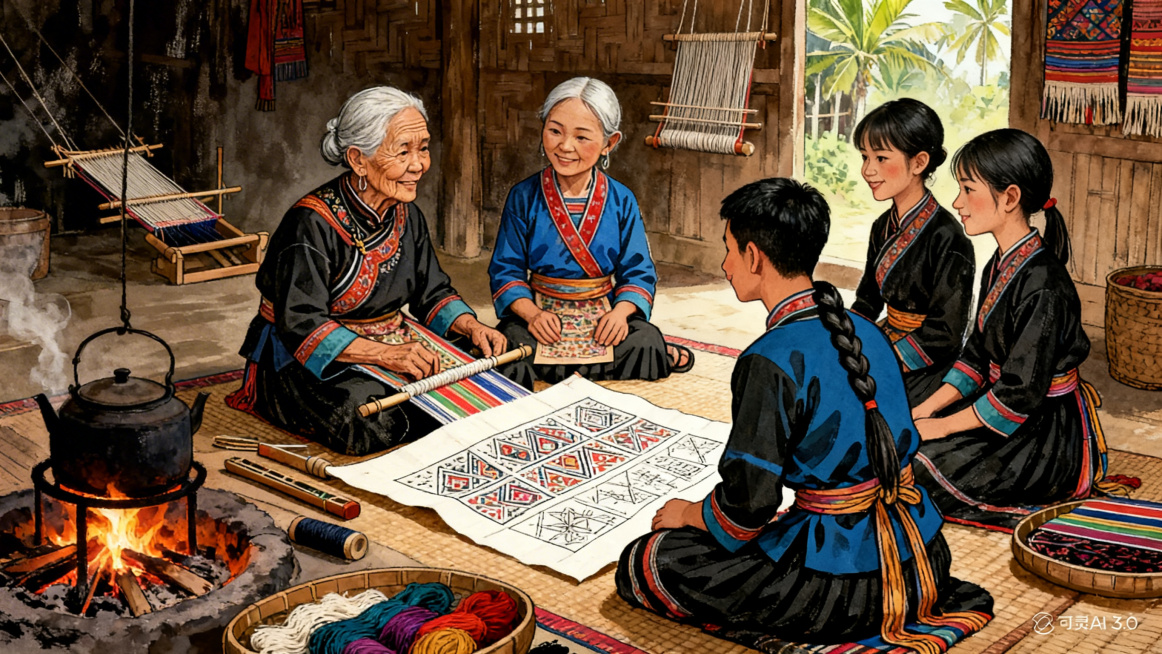 黎族村落，火塘放置在画面一侧，周围摆放着制作黎锦的工具和材料，82岁的符奶奶、阿黎母亲、16岁的阿吉妹妹还有阿黎一共五代黎族织女围坐在一起，阿黎摊开传统黎锦纹样稿，大家围坐观看并点头表示认可，手绘风格预览效果