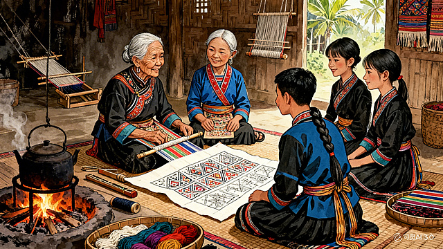 黎族村落，火塘放置在画面一侧，周围摆放着制作黎锦的工具和材料，82岁的符奶奶、阿黎母亲、16岁的阿吉妹妹还有阿黎一共五代黎族织女围坐在一起，阿黎摊开传统黎锦纹样稿，大家围坐观看并点头表示认可，手绘风格