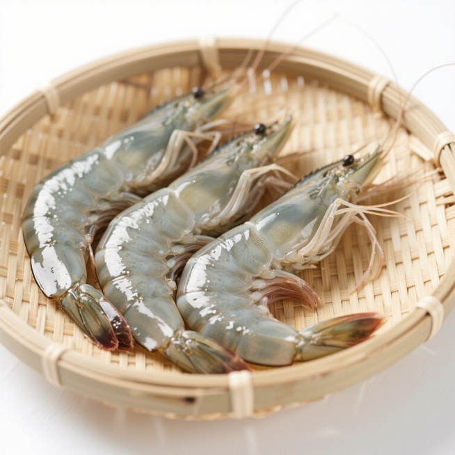 几只新鲜的大虾被摆放在一个竹编圆形容器中，它们的身体呈现出自然的青灰色，表面覆盖着一层湿润的光泽，虾须和虾脚清晰可见，保持白色背景，竹编容器的纹理细腻，整体构图突出了大虾的鲜活质感和竹编容器的自然质朴，营造出一种清新、原生态的视觉效果。预览效果