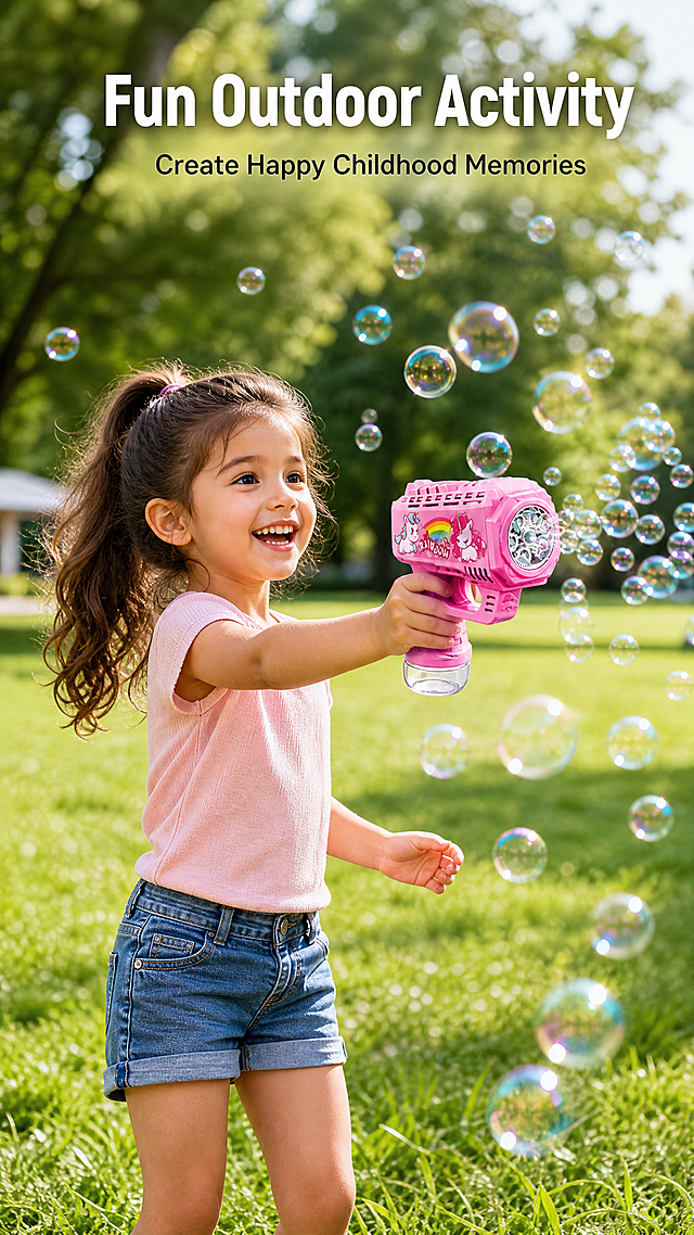 「图片1」这里有三款泡泡机(BUBBLE GUN)，盒子是同一个，只是正面和背面不一样。枪口的齿轮是一样的，每款枪都送一份对应的贴纸和一瓶泡泡液，它的长宽高分别是14、5、15（单位：厘米），根据以上信息和图片内容，请生出一张电商详情页长图,英文版。