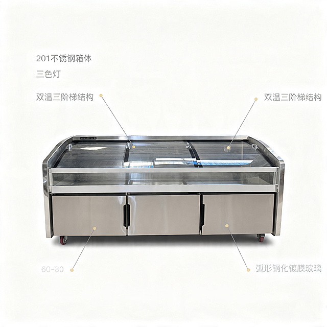 [主图 2] 产品核心亮点解析图。[氛围风格] 专业商用电商风格，整体风格和光影与主图1保持统一。[画质] 商业摄影质感、光线柔和通透、产品清晰真实、画面干净高级。[元素] 不锈钢双温三阶梯展示柜主体居中，以产品为中心，使用极细引线连接标注四个核心部位：201不锈钢箱体、三色灯、双温三阶梯结构、弧形钢化镀膜玻璃，每个引线末端配浅色定位光点；背景为简洁浅灰色，保持产品外观（物理结构、材质质感、颜色）与输入产品图绝对一致，杜绝任何变形和色差，精细化处理。商品主体占比严格控制在60%-80%之间，画面满屏无边框。[光影] 正面均匀柔光，突出标注部位，光线整体和首图保持一致。[配色] 主色调不锈钢银灰色，引线深灰色，定位光点浅金色，背景浅灰。[视角构图] 平视全景，产品完整展示，景深适中。[文字版式] 每个引线对应位置标注亮点名称，文字左对齐，字重对比清晰，不遮挡产品主体。[比例分辨率] 1:1 比例，2k分辨率；文字清晰锐利，画面超高清。[负向提示词] 变形，水印，文字错乱，产品图模糊，背景杂乱，遮挡主体，牛皮癣广告，配色刺眼，光影不统一。