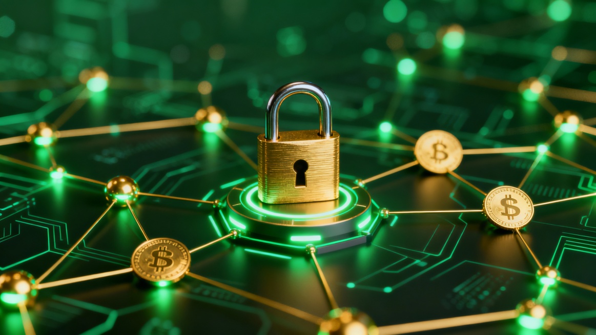 DeFi cryptocurrency background, decentralized finance concept, digital lock and network nodes, glowi预览效果