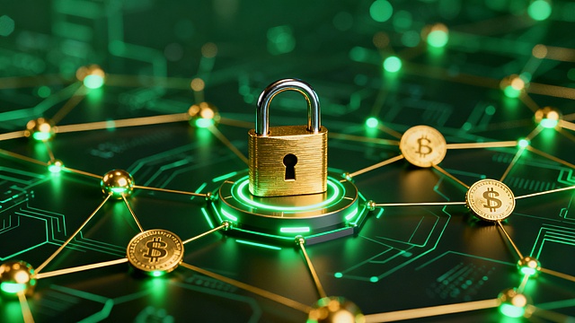 DeFi cryptocurrency background, decentralized finance concept, digital lock and network nodes, glowing connections, green and gold color palette, futuristic blockchain environment, modern clean design, high resolution, no text