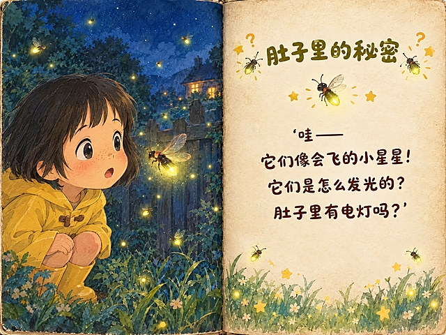 儿童绘本故事跨页二，横版左图右文布局，对开页中间有书脊缝隙。右侧页面：米黄色做旧纸张背景。顶部小标题改为"肚子里的秘密"，字体圆润可爱深黄绿色，两侧有萤火虫和小问号装饰。小标题下方有一只萤火虫的小图标。中间故事文字内容不变："'哇——\n它们像会飞的小星星！\n它们是怎么发光的？\n肚子里有电灯吗？'" 底部装饰带是草丛、小花、萤火虫光点。左侧画面：夏夜院子，木栅栏、远处小屋暖光、星空、飞舞的萤火虫，都与参考图一致。只有Yuki重新绘制：黑色齐耳短发齐刘海、脸上有小雀斑、穿黄色牛角扣连帽雨衣、黄色雨靴，蹲在草丛里，身体微微前倾，睁大眼睛看着面前飞过的萤火虫，一脸惊叹的表情，嘴巴微微张开。整体风格温暖治愈，水彩手绘质感，吉卜力画风。Yuki一定要穿黄色雨衣和黄色雨靴！