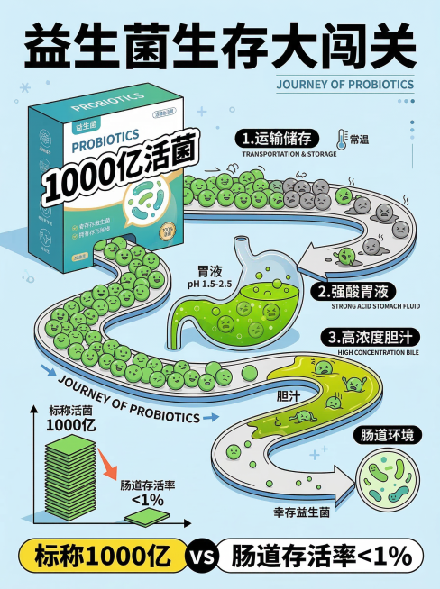 将海报顶部的标题修改为通顺正确的文字“益生菌生存大闯关”，其余画面内容保持不变预览效果