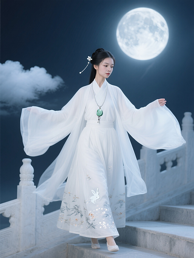 嫦娥正踮脚掠过广寒宫的玉阶。素白的广袖被天风掀起，像两朵将绽未绽的云，裙裾上绣着的图案在月光里浮沉，针脚间流淌着细碎的辉光。她发髻上斜插着一支玉簪，簪头的珍珠随着身形轻晃，坠子碰在鬓角的步摇上。颈间的银链悬着颗玉兔形状的坠子