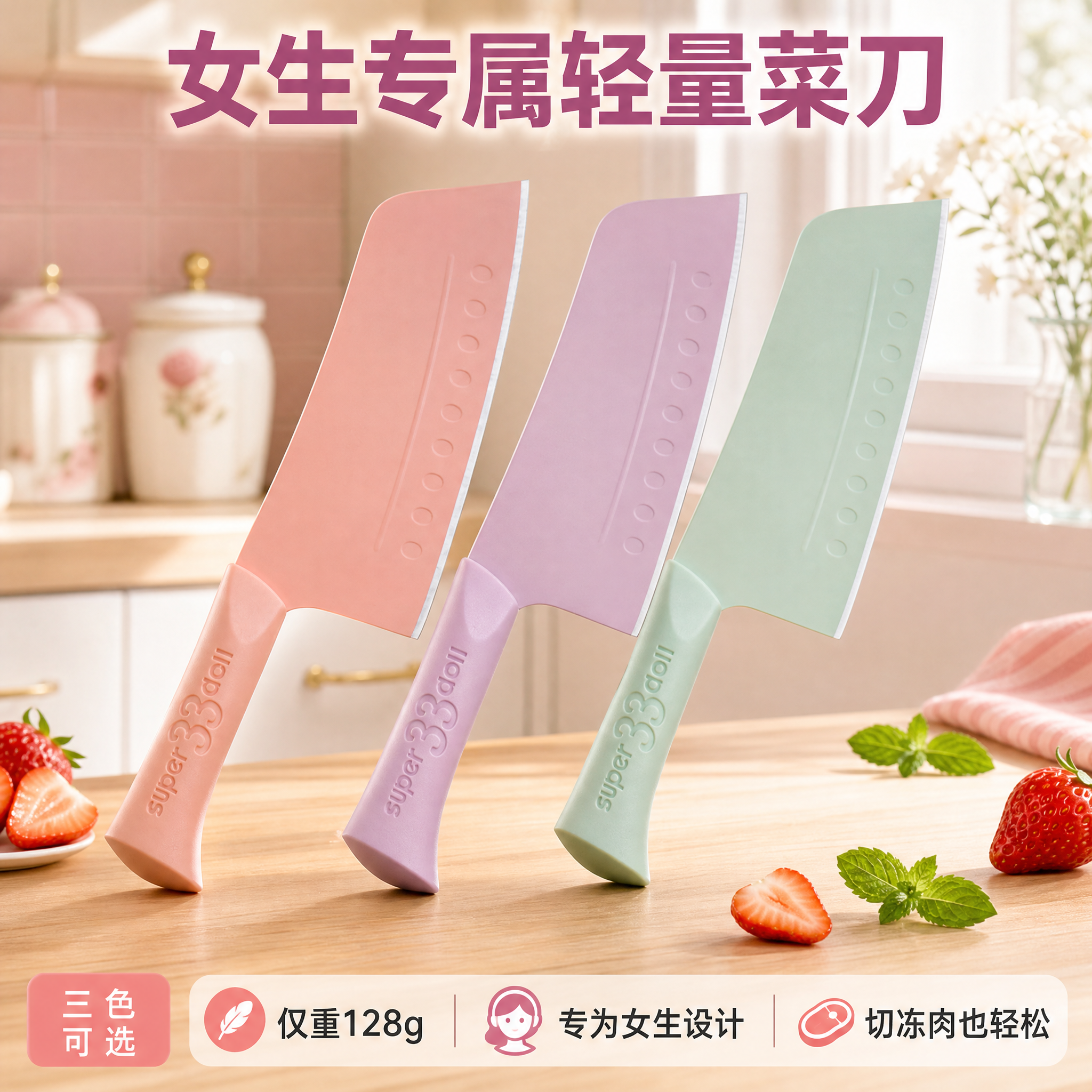 [主图-1] 女性轻量菜刀首图，三色同框展示，突出专为女性设计… - 图片创意预览
