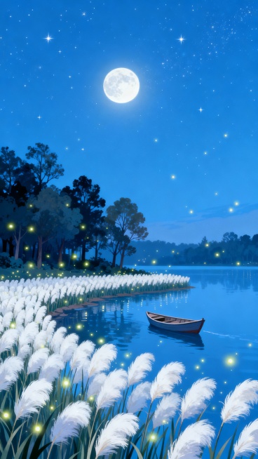 明亮的月夜景色，天空挂着一轮明月，银蓝色夜空星星点点，湖中岸边有一艘小船，美好的夜景，岸边白绒绒的芦苇荡成排，芦苇荡飞着点点萤火虫，岸边有很多树，湖中有一条小船。美丽梦幻。平面插画预览效果