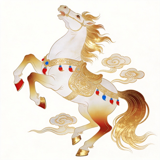 生成中式感敦煌壁画风格的白马插画，中国传统工笔画风格。主体为一头奔跑的白马，马前脚悬空立起，头部朝上，姿态帅气。白马要小一点以露出完整的身体包括脚和马的尾巴，马的尾巴要全部出现在画面中。马身上有浅金色预览效果