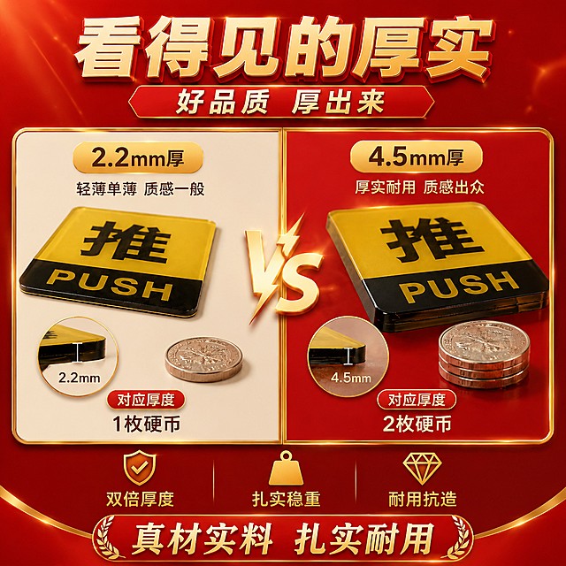 制作一张1:1比例对比海报，直观对比亚克力推拉指示门牌的2.2mm和4.5mm两种厚度，左侧2.2mm厚度对应1枚硬币，右侧4.5mm厚度对应2枚硬币，以此突出4.5mm厚度产品的厚实质感与品质优势。产品保留原图黄黑配色与推拉文字信息。主标题"看得见的厚实"，副标题"好品质 厚出来"，卖点"双倍厚度""扎实稳重""耐用抗造"，装饰文案"真材实料 扎实耐用"。采用华丽简约写实商业风格，红金配色，版式精美，左右分栏对称对比，画面比例1:1，超高清4K分辨率，文字清晰不遮挡主体。