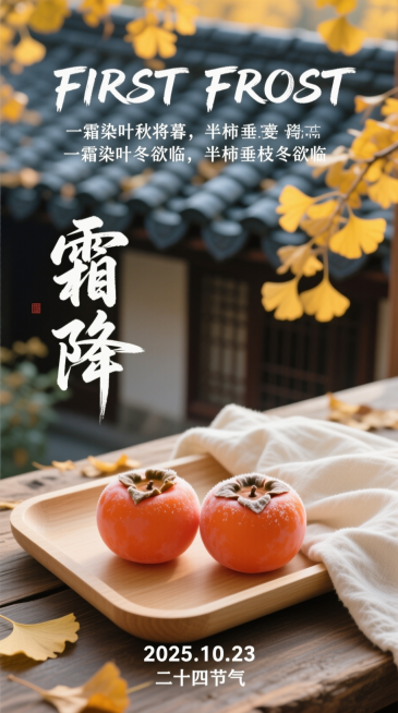 画面主体是浅木色托盘，旁边搭着米白色亚麻布，里面放着两个带淡淡秋霜的饱满柿子；画面上方用手英文字体呈现 “FIRST FROST”，紧接着是居中小字“一霜染叶秋将暮，半柿垂枝冬欲临”；中间靠左 “霜降预览效果
