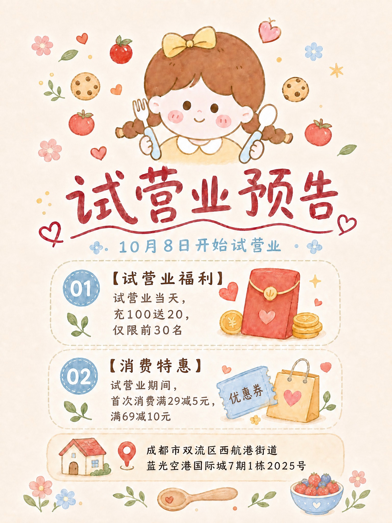 修改这张试营业预告海报的文字内容，其余画面元素（小女孩IP、装… - 图片创意预览