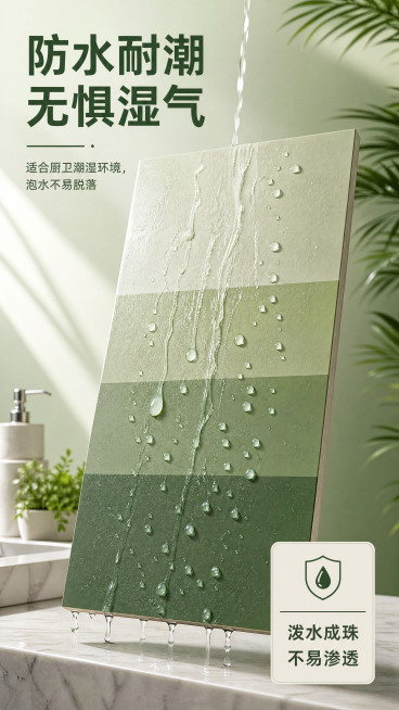 [第4屏] 防水性能泼水测试。浅绿背景，中心倾斜放涂刷改色漆的瓷砖样板，水流流下形成水珠，左上标题"防水耐潮 无惧湿气"，说明文字"适合厨卫潮湿环境，泡水不易脱落"，右下卡片写"泼水成珠 不易渗透"。预览效果