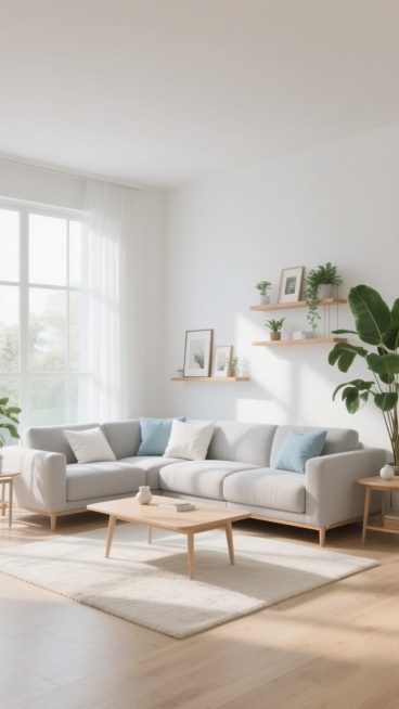 3D渲染风格的现代简约客厅，从不同角度展现的室内场景，柔和明亮的自然光从大窗户洒入，形成温暖的光影效果和清晰的阴影细节，浅色木地板搭配米白色地毯，宽敞的浅灰色L型沙发上摆放着白色和浅蓝色靠垫，沙发前是浅色木质茶几，上面有简约的装饰品，背景墙为纯净的白色，一侧有木质置物架摆放着小型装饰画和绿植，另一侧是大型绿色植物增添生机，整体采用清新淡雅的配色方案，房间内的家具摆设布局经过精心设计，呈现出舒适……预览效果