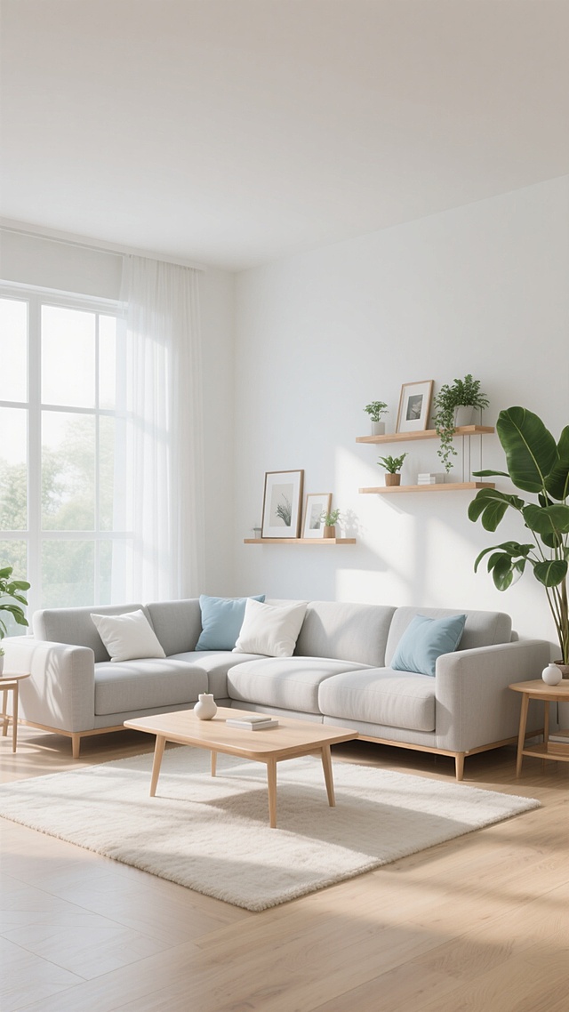 3D渲染风格的现代简约客厅，从不同角度展现的室内场景，柔和明亮的自然光从大窗户洒入，形成温暖的光影效果和清晰的阴影细节，浅色木地板搭配米白色地毯，宽敞的浅灰色L型沙发上摆放着白色和浅蓝色靠垫，沙发前是浅色木质茶几，上面有简约的装饰品，背景墙为纯净的白色，一侧有木质置物架摆放着小型装饰画和绿植，另一侧是大型绿色植物增添生机，整体采用清新淡雅的配色方案，房间内的家具摆设布局经过精心设计，呈现出舒适、整洁、通透的居住氛围，具有高级的空间感和设计感。