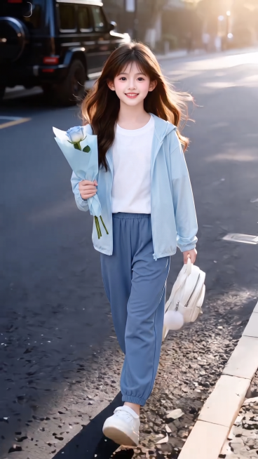 用图1的纯棉短袖和连帽外套以及裤子替换图的2的人物穿的衣服裤子，保留原场景光影，保持图2的人物的五官和发型不变，图片宽高尺寸不变，背景不变，鞋子不变，人物姿势不变，保持图1的纯棉短袖和连帽外套以及裤子预览效果