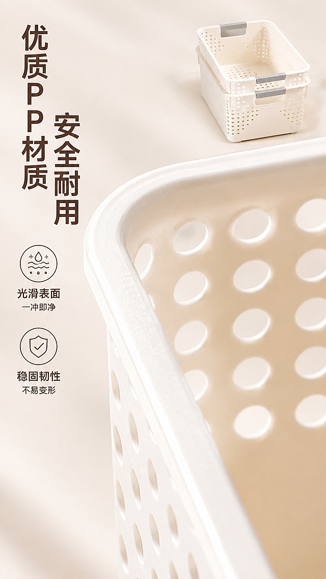 [第7屏] 材质微距展示-PP材质与镂空细节特写。本屏使用【图2】作为细节展示主体。
[氛围/风格] 微距特写风格，突出材质质感，干净真实，专业可信。
[元素布局] 画面主体放大展示筐身孔洞边缘和PP材质表面，占比约80%，右上角保留局部完整产品轮廓作参照，文字说明放置于左侧，背景浅纯色虚化突出材质细节。
[光影质感] 侧光拍摄，突出材质纹理和孔洞边缘光滑度，光影层次分明，质感真实。
[配色色系] 全局底色 #F5F0EB；主色米白材质；深棕色文字，配色简洁突出细节。
[视角构图] 微距特写视角，背景虚化突出主体材质，视觉焦点集中在纹理上。
[文字版式] 左侧竖排主标题「优质PP材质 安全耐用」，下方配两个卖点：「光滑表面 一冲即净」「稳固韧性 不易变形」，文字清晰不遮挡核心特写区域。
[比例分辨率] 9:16 竖版比例，4K分辨率，文字清晰可辨，高清画质。
[负向提示词] 纹理模糊，材质失真，产品变形，文字错乱，水印