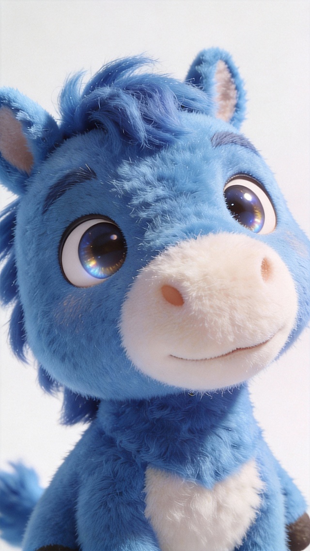 Q版粘毛，毛绒可爱唐马ip，蓝色唐马形象，仅显示头部和上半身，毛流感，歪头萌萌的，眼睛大大的，有眼神光，32k最高清分辨率，超精细的细节，绝美头像和配色，绝美光影，头像情感丰富。