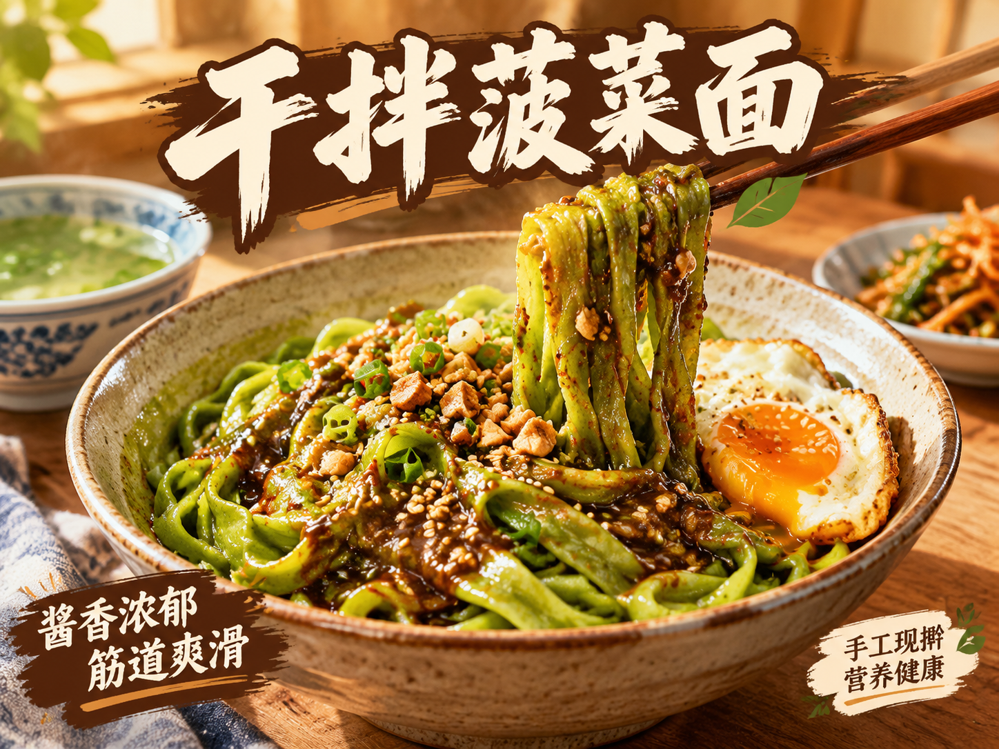 [主图-9] 干拌菠菜面首图，核心任务是展示干拌面的酱香浓郁和… - 图片创意预览