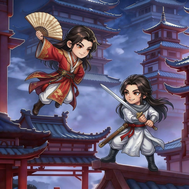 将图片中持剑的白衣少年替换为提供的Q版白衣持剑少年形象，将持扇的红衣少年替换为提供的Q版红衣持扇少年形象，保持两人在古建屋顶对打的场景动作和背景不变，保持Q版画风统一预览效果