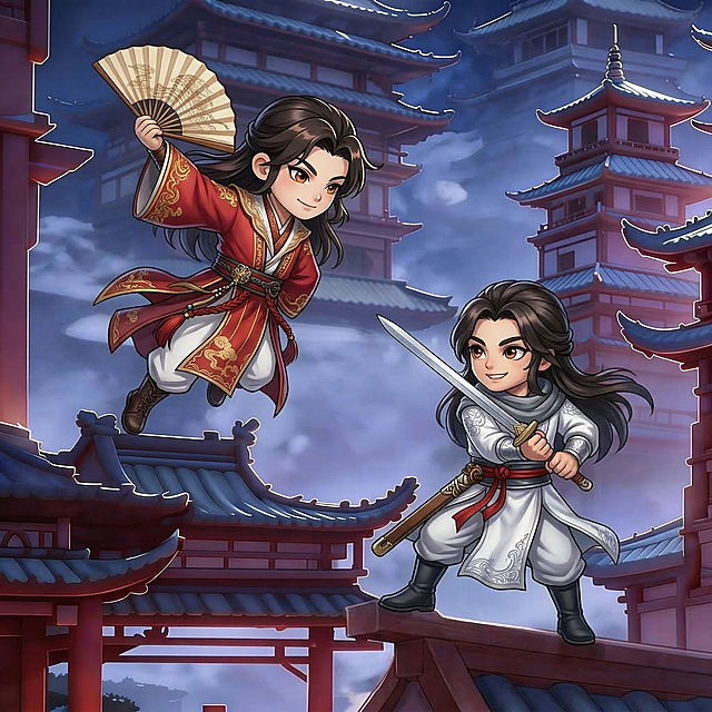 将图片中持剑的白衣少年替换为提供的Q版白衣持剑少年形象，将持扇的红衣少年替换为提供的Q版红衣持扇少年形象，保持两人在古建屋顶对打的场景动作和背景不变，保持Q版画风统一