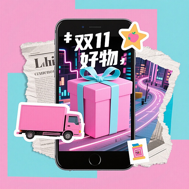 赛博朋克风与city pop风融合，撕纸拼贴手法呈现未来感手机界面，霓虹灯色彩点缀梦幻甜美元素，软3D礼物盒跃出屏幕，双11好物潮酷来袭。