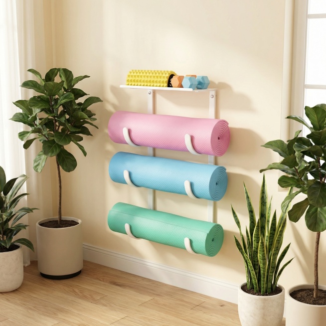 将背景替换为温馨明亮的家庭瑜伽角落，浅木色地板，墙面是米白色，旁边有落地绿植，营造舒适的居家健身氛围预览效果