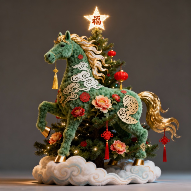 A majestic Christmas tree in the shape of a Chinese zodiac horse rearing up, made of soft fluffy pi预览效果
